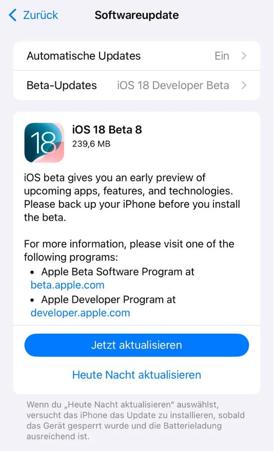 南明苹果手机维修分享苹果 iOS / iPadOS 18 开发者预览版 Beta 8 发布 